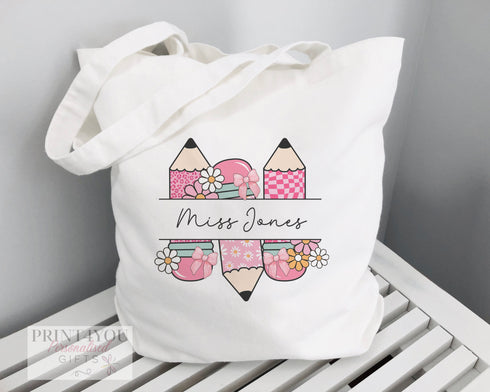Thank You Teacher Gift | Cotton Tote Bag | Reusable Shopping Bag | 100% White Cotton Bag | Personalised shopper bag | Pink Pencils