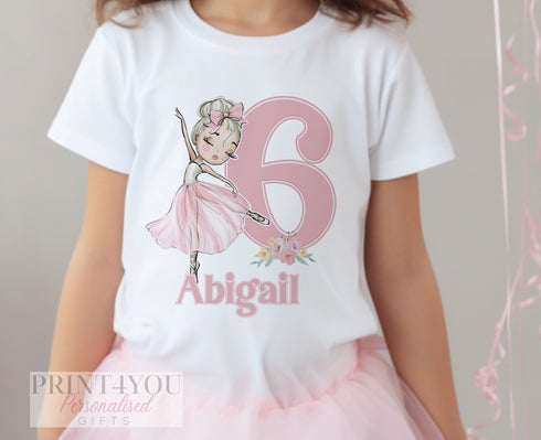 Personalised Girls Birthday T-Shirt - Ballerina Doll Design, Birthday Number - 100% Soft Cotton, DTG - Age 1-10yrs