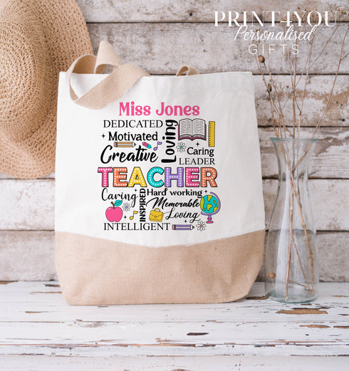 Thank You Teacher Gift, Personalised Cotton Jute Tote Bag - Available in medium and XL, Dedicated Motivated Creative