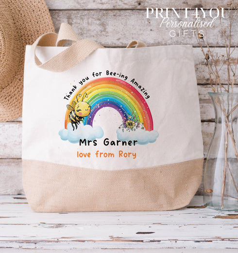 Thank You Teacher Gift, Personalised Cotton Jute Tote Bag - Available in medium and XL, bee-ing Amazing Sunshine Rainbow