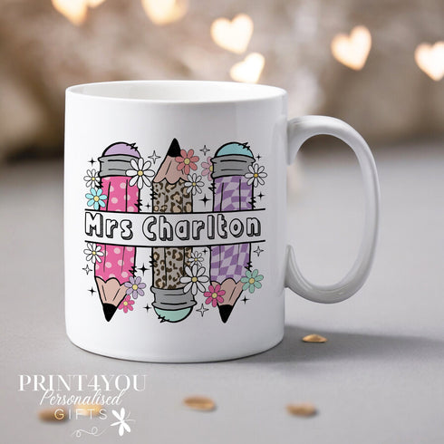 Personalised Thank You teacher mug, teacher Gift ideas , Personalised Mug, Leopard Pencil, Teachers name