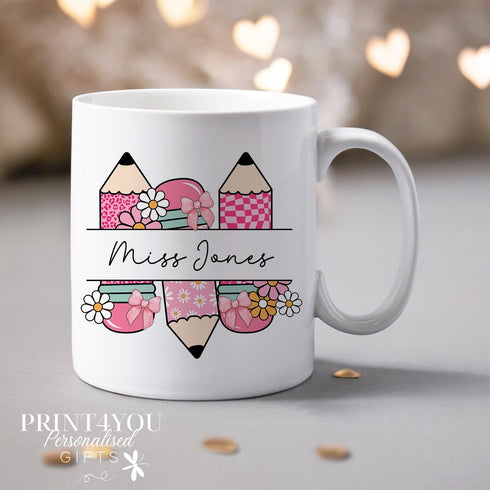Personalised Thank You teacher mug, teacher Gift ideas , Personalised Mug, Pink Pencils Pencil, Teachers name