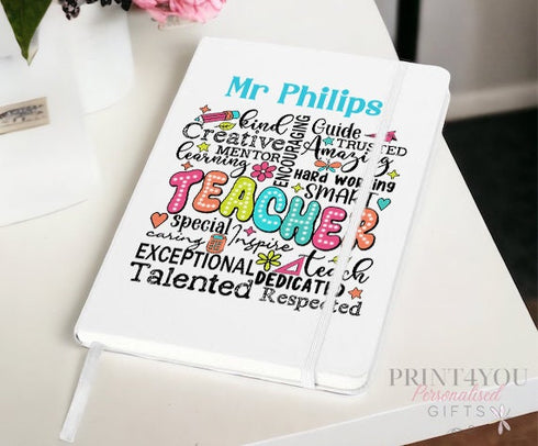 Personalised Teacher Gift A5 White PU Leather Notebook - Thank you teacher gifts, Kind Creative Motivated