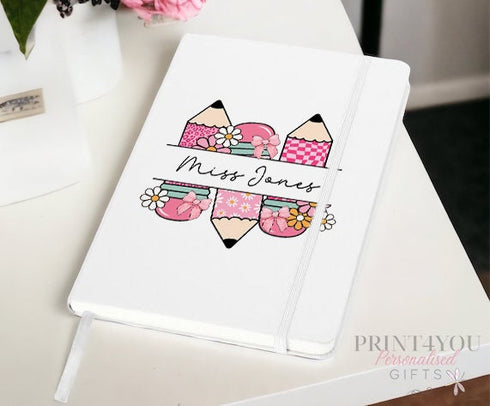 Personalised Teacher Gift A5 White PU Leather Notebook - Thank you teacher gifts, Pink Pencils
