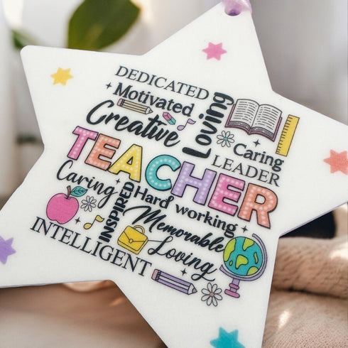 Personalised Thank you Teacher Gift, Dedicated, Motivated and Creative Teacher Banner star white acrylic
