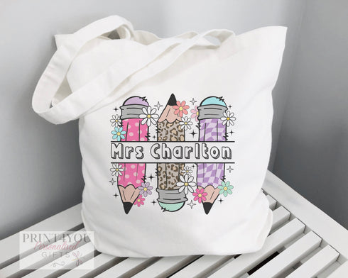 Thank You Teacher Gift | Cotton Tote Bag | Reusable Shopping Bag | 100% White Cotton Bag | Personalised shopper bag | Mixed Pencils