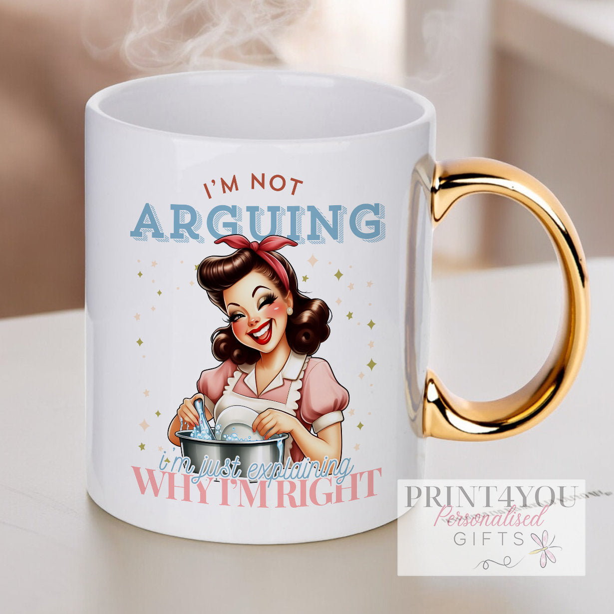 Sarcastic Mug – Retro Ladies Pin Up Gold Handle Mug – Mrs Always Right Funny Quote