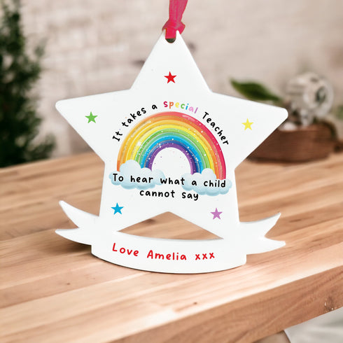 Personalised It takes a special teacher / person to hear what a child cannot say Banner star white acrylic