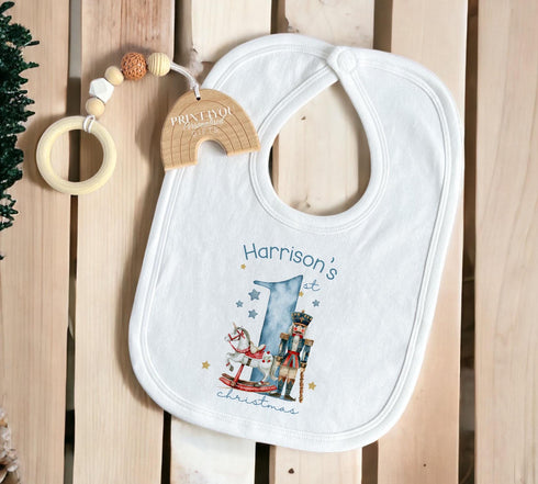 Baby's Boys First Christmas Personalised Bib, Vest and Sleepsuit Cotton Set - Perfect for New baby Gift, Blue Nutcracker