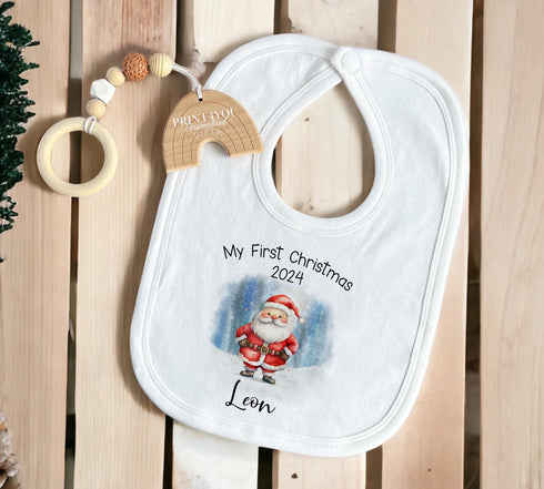 Baby's First Christmas Personalised Bib, Vest and Sleepsuit Cotton Set - Perfect for New baby Gift, Santa Father Christmas Blue background