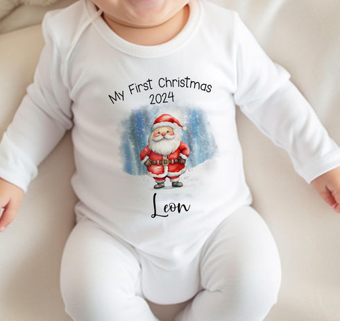 Baby's First Christmas Personalised Bib, Vest and Sleepsuit Cotton Set - Perfect for New baby Gift, Santa Father Christmas Blue background