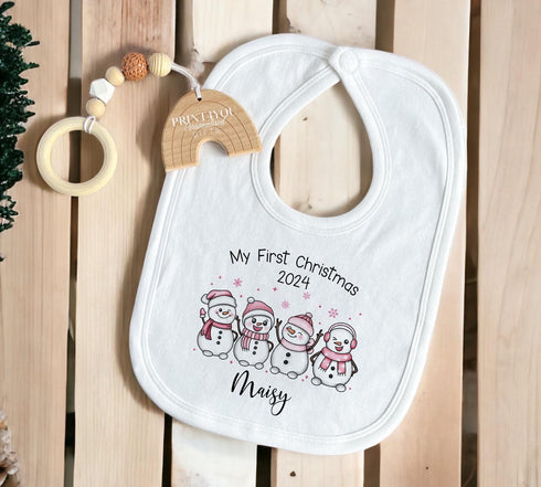 Baby's First Christmas Personalised Bib, Vest and Sleepsuit Cotton Set - Perfect for New baby Gift, Pink Snowmen