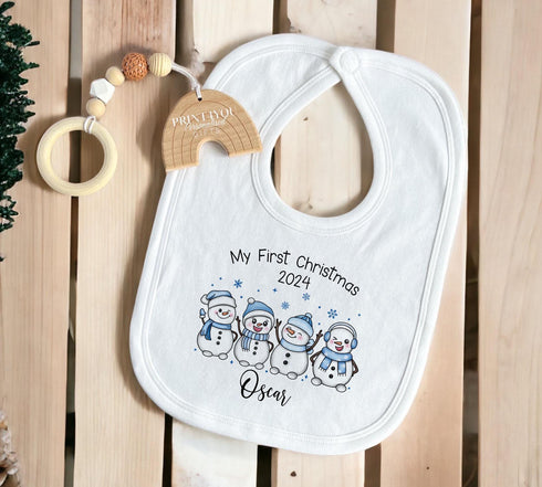 Baby's First Christmas Personalised Bib, Vest and Sleepsuit Cotton Set - Perfect for New baby Gift, Blue Snowmen