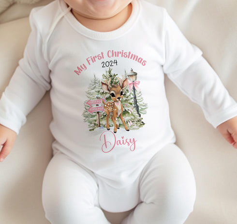 Baby's First Christmas Personalised Bib, Vest and Sleepsuit Cotton Set - Perfect for New baby Gift, Pink Reindeer