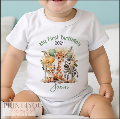 Personalised Boho Safari First Birthday T-shirt, Sleepsuit, Vest or Bib
