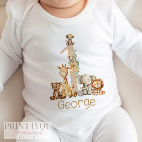 Personalised Safari First Birthday T-shirt, Sleepsuit, Vest or bib