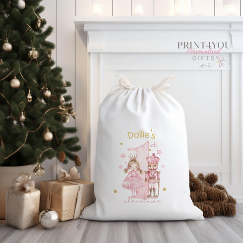 personalised Santa Sack, Xmas Toy Sack, Gift from Santa - Pink Nutcracker My First Christmas Delivery