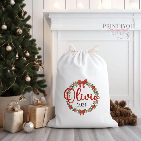 Personalised Santa Sack, Xmas Toy Sack, Gift from Santa - Christmas Wreath Special Delivery