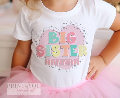 Promoted to Big Sister Heart Design White Personalised Cotton T-Shirt, Big Sister Top, Big Sister Gift, Pregnancy Announcement, Pastel Color