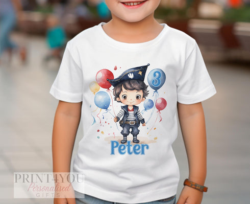 Personalised Pirate Birthday T-Shirt ANY AGE - Cotton White Top, Any Age, Pirate Boy Party Top