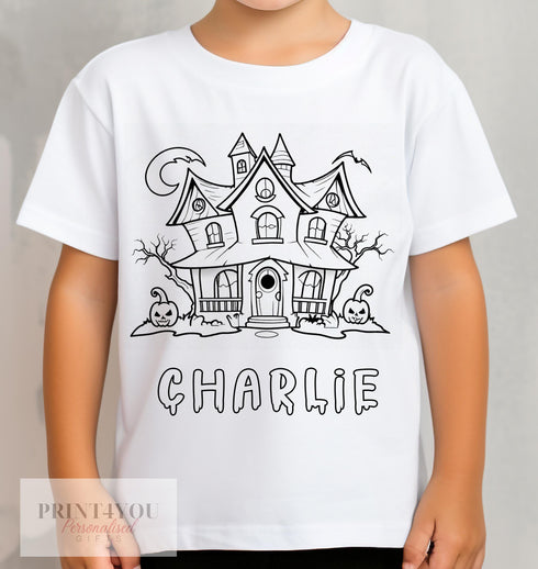 Personalised Halloween Colour In activity Kids T-shirt - with washable pens - Haunted House