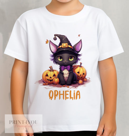 Personalised Halloween T-Shirt for Kids - Black Cat Printed Cotton Tee - Spooky Graphic Shirt for Children