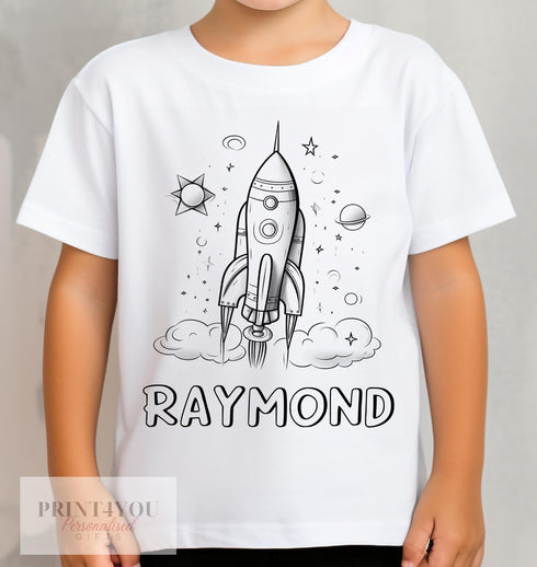 Personalised Space Rocket Colour In activity Kids T-shirt - with washable pens