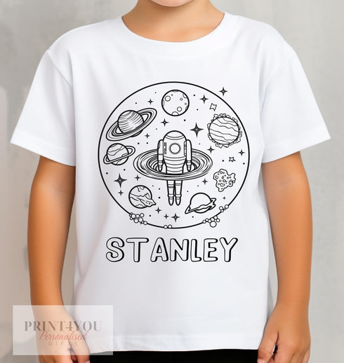 Personalised Space Planets Colour In activity Kids T-shirt - with washable pens