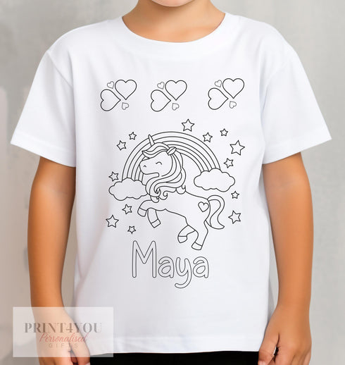 Personalised Unicorn Colour In activity Kids T-shirt - with washable pens
