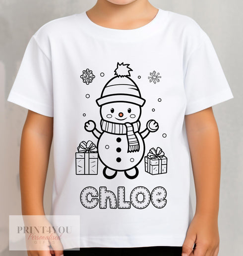 Personalised Christmas Snowman Colour In activity Kids T-shirt - with washable pens - stocking fillers, Christmas Eve Box, Gift from Elf