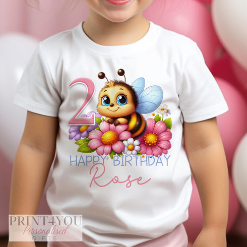 Personalised Bumble Bee Birthday T-Shirt ANY AGE - Cotton White Top, Any Age, Pink Girls Bumble Bee Party Top
