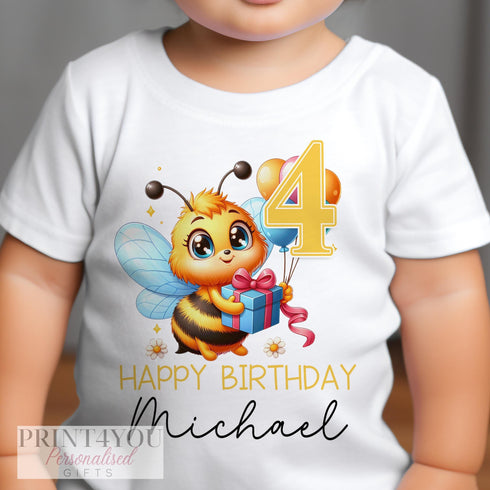 Personalised Bumble Bee Birthday T-Shirt ANY AGE - Cotton White Top, Any Age, Boys Bumble Bee Party Top