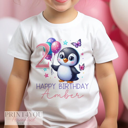 Personalised Penguin Birthday T-Shirt ANY AGE - Cotton White Top, Any Age, Pink Girls Pengiun Party Top