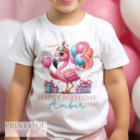 Personalised Pink Flamingo Birthday T-Shirt ANY AGE - Cotton White Top, Any Age, Girls Tropical Flamingo Party Top