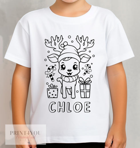 Personalised Christmas N2 Reindeer Colour In activity Kids T-shirt - with washable pens - stocking fillers, Christmas Eve Box, Gift from Elf