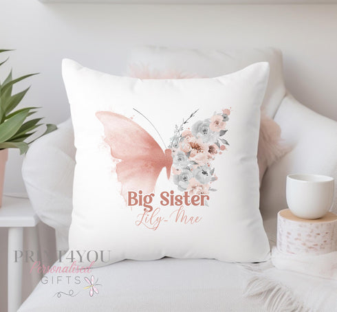 Personalised "Big Sister" Butterfly Cushion with Name - Super Soft Custom Pillow 40x40 cm - Includes Insert - Washable with Robust Zip