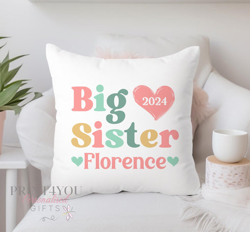 Personalised "Big Sister" Heart Cushion with Name - Super Soft Custom Pillow 40x40 cm - Includes Insert - Washable with Robust Zip