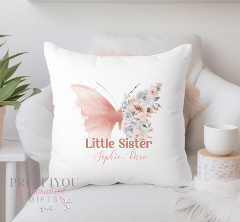 Personalised "Little Sister" Butterfly Cushion with Name - Super Soft Custom Pillow 40x40 cm - Includes Insert - Washable with Robust Zip