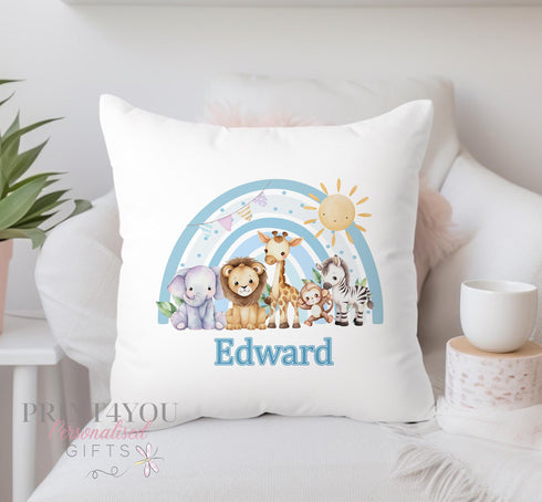 New Baby Personalised Cushion - Any Name | Blue Rainbow Safari | Gift for Baby | Pillow Gift