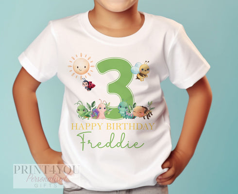 Personalised Insect Birthday T-Shirt ANY AGE - Cotton White Top, Any Age, Green Creepy Crawly Party Top
