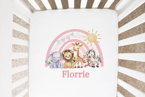Personalised Cotton Cot Sheet, 100% Cotton, Cot or Cot Bed, Nursery décor, Babies Bedding, Pink Safari Rainbow