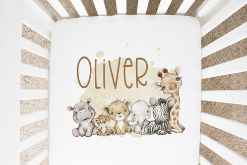 Personalised Cotton Cot Sheet, 100% Cotton, Cot or Cot Bed, Nursery décor, Babies Bedding, Safari Animals