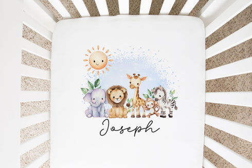 Personalised Cotton Cot Sheet, 100% Cotton, Cot or Cot Bed, Nursery décor, Babies Bedding, Safari Animals