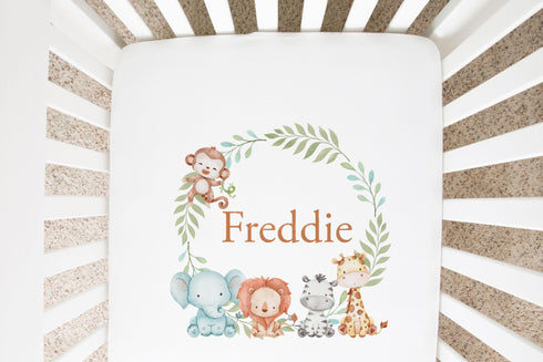 Personalised Cotton Cot Sheet, 100% Cotton, Cot or Cot Bed, Nursery décor, Babies Bedding, Safari Animals Wreath