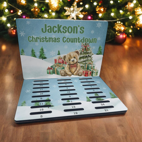 Personalised MDF Christmas Countdown Advent Calendar - A5 Size - Holds 24 Chocolate Coins - Teddy bear and Christmas Tree