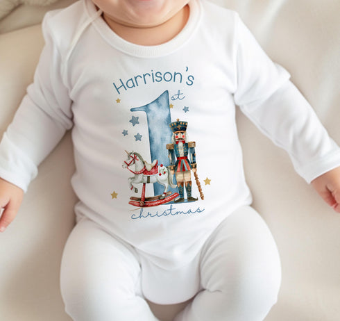 Baby's Boys First Christmas Personalised Bib, Vest and Sleepsuit Cotton Set - Perfect for New baby Gift, Blue Nutcracker