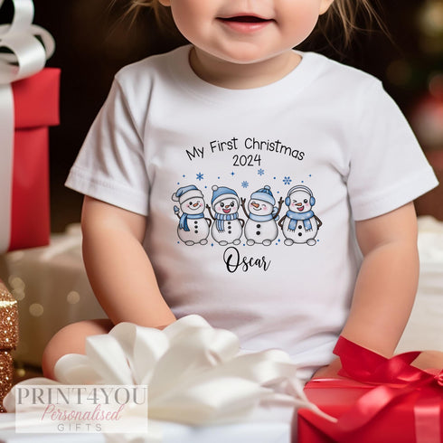Baby's First Christmas Personalised Bib, Vest and Sleepsuit Cotton Set - Perfect for New baby Gift, Blue Snowmen