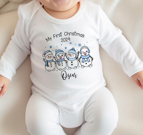 Baby's First Christmas Personalised Bib, Vest and Sleepsuit Cotton Set - Perfect for New baby Gift, Blue Snowmen