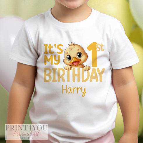 Personalised First Birthday One T-shirt, Yellow Duck First Birthday Outfit. Numbers One and Two, First and Second Birthday, Any number