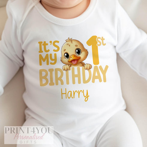 Personalised First Birthday One T-shirt, Yellow Duck First Birthday Outfit. Numbers One and Two, First and Second Birthday, Any number
